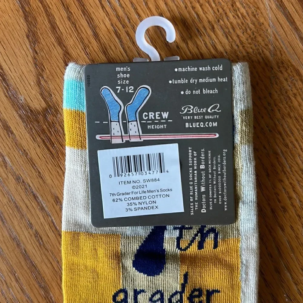 Blue Q Mens Socks Cotton Crew 7th Grader for Life